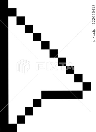 Black pixelated arrow pointing down and right with a white background, forming a diagonal line made of square blocks, suitable for various design and technology concepts 122656418