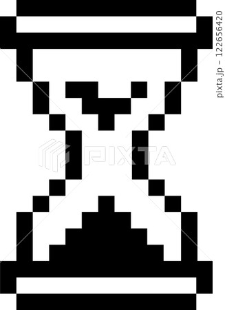 Black and white pixel art representing an hourglass, evoking a retro video game aesthetic and symbolizing the passage of time or a countdown 122656420
