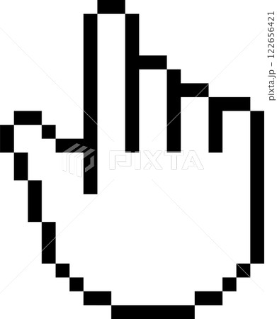 Black pixelated hand cursor is pointing with index finger on a white background, representing a simple action of selecting or choosing something in a digital environment Black pixelated hand cursor is pointing with index finger on a white background, representing a simple action of selecting or choosing something in a digital environment 122656421