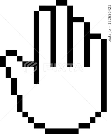 Black and white pixelated hand cursor pointing and clicking or selecting something on a computer screen, representing digital interaction and online activity 122656423