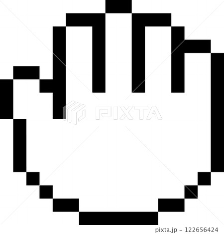 Black and white pixelated hand cursor is pointing and clicking, isolated on white background, representing simple digital interaction and selection Black and white pixelated hand cursor is pointing and clicking, isolated on white background, representing simple digital interaction and selection 122656424