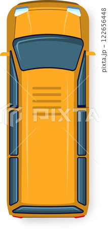 Illustration showing a top down view of a classic yellow school bus with dark tinted windows, emphasizing its iconic design and structure. Ideal for educational and transportation themes 122656448