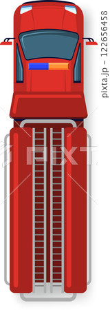 Illustration of a red combine harvester from a top down perspective, showcasing its detailed machinery and design. The vehicle is designed for efficient crop harvesting 122656458