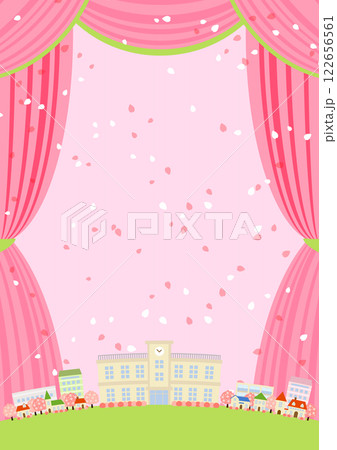 春の学校劇場、イラスト、背景、かわいい、縦、桜、ピンク 122656561