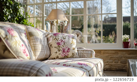 Colorful pillows on sofa against glass wall of window in a winter garden or conservatory. Interior textile concept. High quality photo 122656719