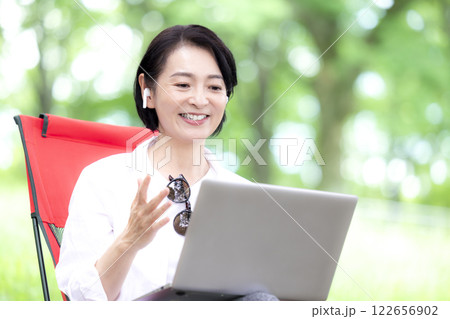 ワーケーション　公園からオンラインミーティングに参加するミドル女性 122656902