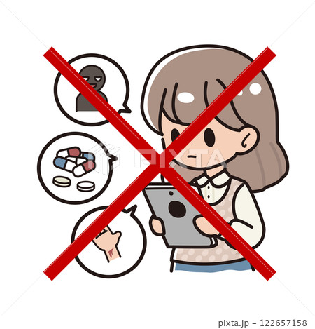 タブレット端末で有害情報を見ている女の子と禁止マーク 122657158