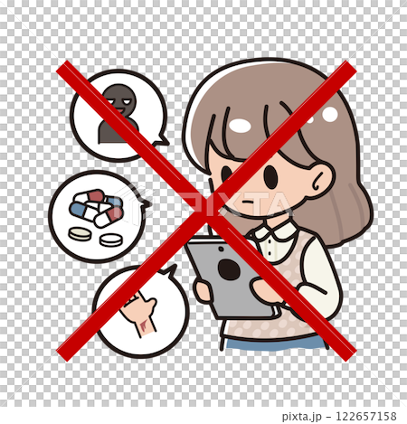 一個女孩在平板電腦上查看有害資訊和禁令標誌 122657158