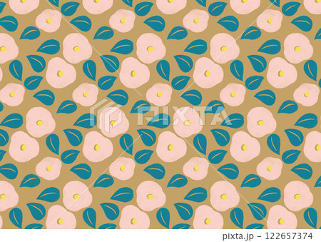 背景がベージュのピンクの椿のレトロでシームレスなパターン 背景がベージュのピンクの椿のレトロでシームレスなパターン 122657374