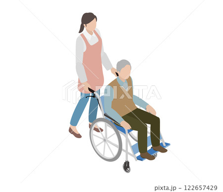 車椅子に座ったシニアと介護スタッフのアイソメトリック、イラスト 122657429
