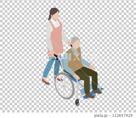 車椅子に座ったシニアと介護スタッフのアイソメトリック、イラスト 122657429