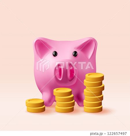 3D piggy bank and growing stacks of coins 3D piggy bank and growing stacks of coins 122657497