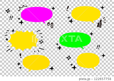 一組帶有複製空間的語音泡泡。螢光。流行音樂。樂趣。塗鴉。手寫。有趣的文字。向量 122657758