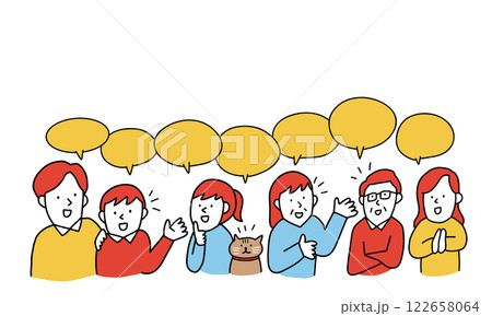 笑顔で会話する猫のいる家族　家族会議のイメージイラスト 122658064