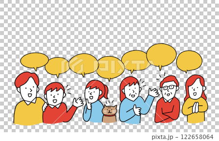 笑顔で会話する猫のいる家族　家族会議のイメージイラスト 122658064