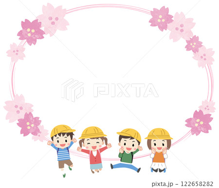ランドセルを背負った子供たちと桜と春のフレームイラスト 122658282