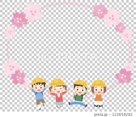 ランドセルを背負った子供たちと桜と春のフレームイラスト 122658282