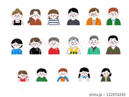 色鉛筆で描いたいろんな人物の上半身イラストセット 122658292