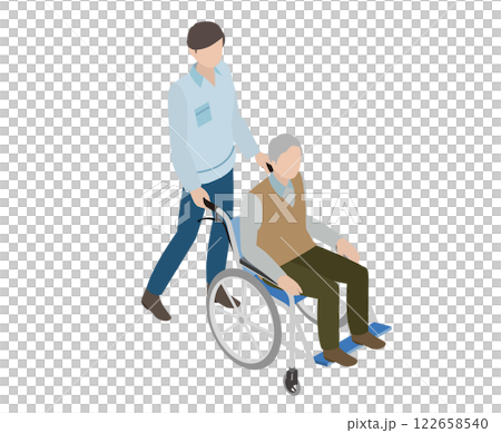 Isometric illustration of a senior sitting in a wheelchair and a care staff member Isometric illustration of a senior sitting in a wheelchair and a care staff member 122658540