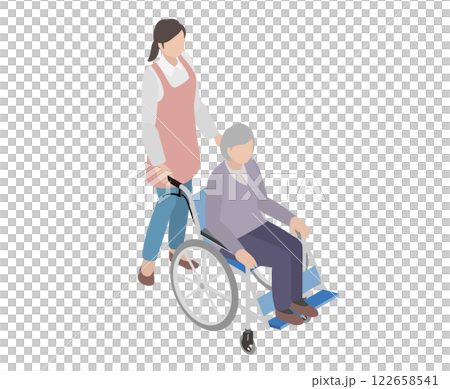 Isometric illustration of a senior sitting in a wheelchair and a care staff member Isometric illustration of a senior sitting in a wheelchair and a care staff member 122658541