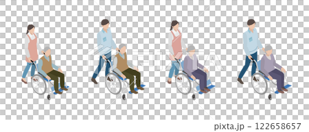 Isometric illustration set of a senior sitting in a wheelchair and care staff 122658657