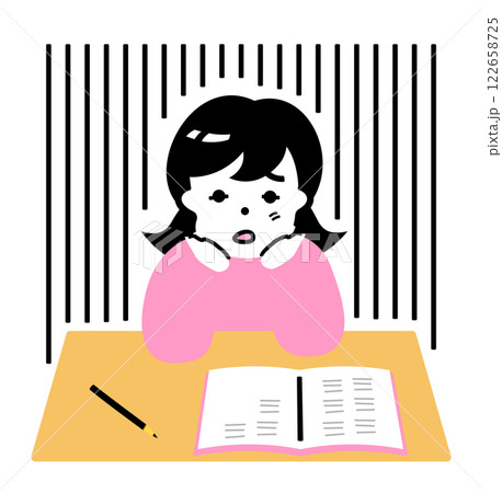 無気力で疲れている悩む女の子：受験勉強や宿題に疲れた子供・若者の鬱な表情と頬杖イラスト 122658725