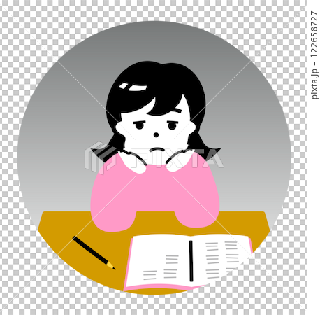 無気力な女の子：受験勉強や宿題に疲れた子供・若者の鬱な表情と頬杖イラスト 122658727
