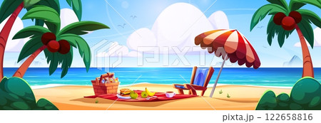 Beach picnic scene with wicker basket Beach picnic scene with wicker basket 122658816