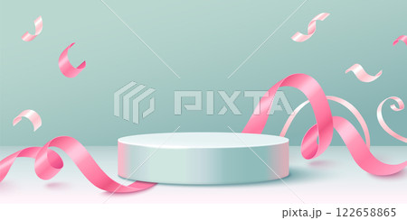 Round podium with pink ribbons and confetti 122658865