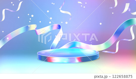 Holographic 3D podium with confetti ribbons 122658875
