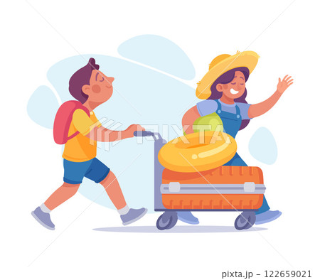 Tourism with Boy and Girl Character with Suitcase Vector Illustration 122659021