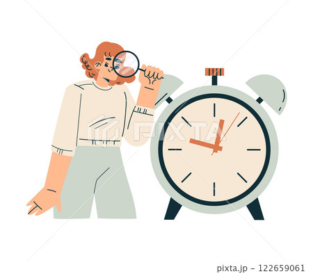 Time Management with Woman Character Look Clock with Magnifier Organizing Efficient Business Process Vector Illustration 122659061
