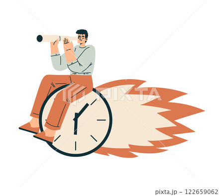 Time Management with Man Character on Clock Dial with Flame Look in Telescope Organizing Efficient Business Process Vector Illustration 122659062