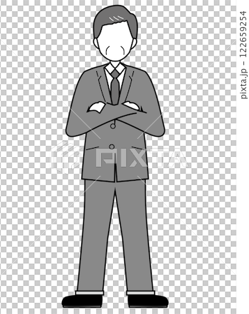 腕組みをして考えるビジネスマンのイラスト、モノクロ 122659254