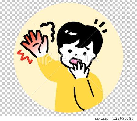 Boy touching dangerous hot object: Caution for burns on children's hands Illustration material_Caution for burns Boy touching dangerous hot object: Caution for burns on children's hands Illustration material_Caution for burns 122659389