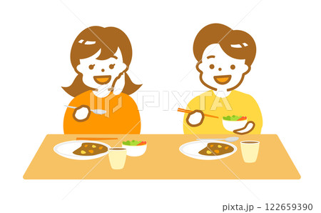 こども食堂で笑顔あふれる日本人の子供たち:カレーを食べる家族の食卓イラスト_家のテーブルで食べる こども食堂で笑顔あふれる日本人の子供たち:カレーを食べる家族の食卓イラスト_家のテーブルで食べる 122659390