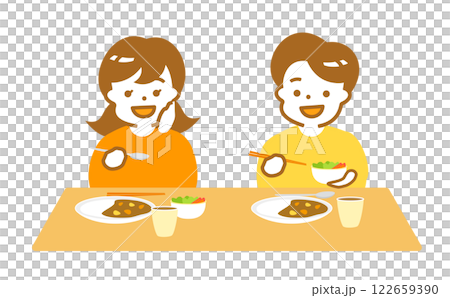 こども食堂で笑顔あふれる日本人の子供たち:カレーを食べる家族の食卓イラスト_家のテーブルで食べる こども食堂で笑顔あふれる日本人の子供たち:カレーを食べる家族の食卓イラスト_家のテーブルで食べる 122659390
