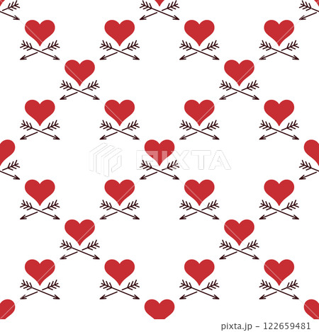 Vector red heart with 2 arrows seamless pattern or Love vector background 122659481