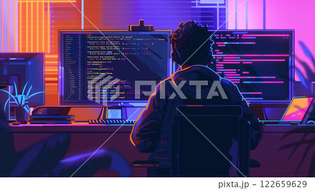 A programmer reviews code, gives detailed feedback, and collaborates in a creative, teamwork-focused space. 122659629