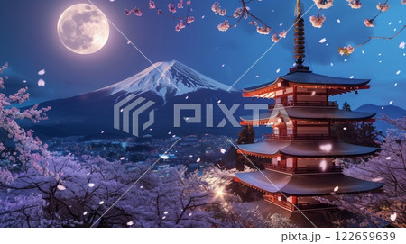 Japanese pagodas rise above cherry blossoms, illuminated by a full moon, creating a serene scene. 122659639
