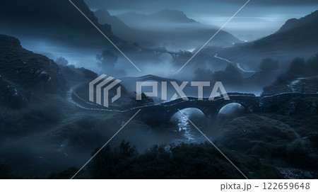 Broken bridges stretch over ghostly valleys, dawn's silvery light casting an eerie, serene glow. 122659648