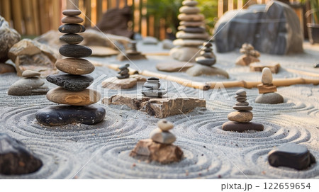 A Zen rock garden where stones symbolize various affiliate marketing strategies, illustrating effective synergy. 122659654
