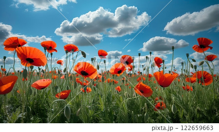 A vibrant field of red poppies sways under a bright azure sky with fluffy white clouds, painting serenity. 122659663