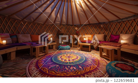 A serene Su-Jok therapy setup in a traditional yurt with colorful mandalas, natural wood, and a soft glow. 122659681