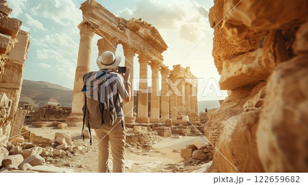 A traveler explores ancient ruins, taking photos and soaking in the rich historical atmosphere. 122659682
