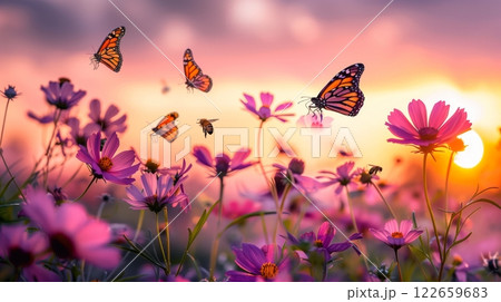 A photographer captures a vibrant flower field at sunrise, alive with butterflies and bees. 122659683
