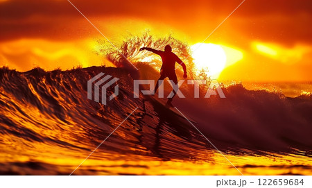 A surfer rides a perfect sunset wave, the golden glow reflecting the exhilarating nature of the sport. 122659684