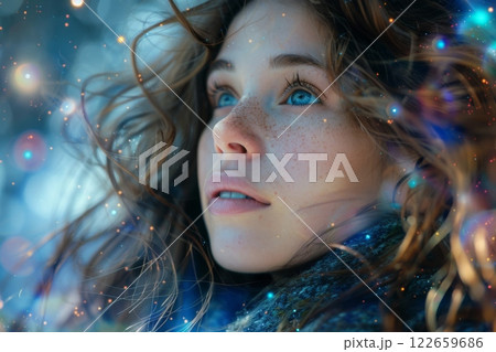 Young woman with blue eyes and brown hair is looking into a magical world. Dreamy, ethereal quality to it 122659686