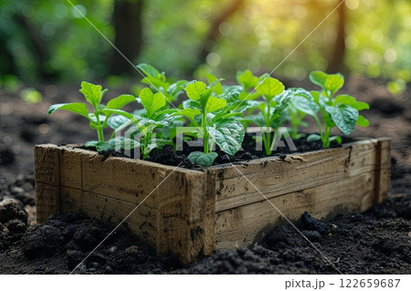 Wooden box with bunch of green plants in it 122659687