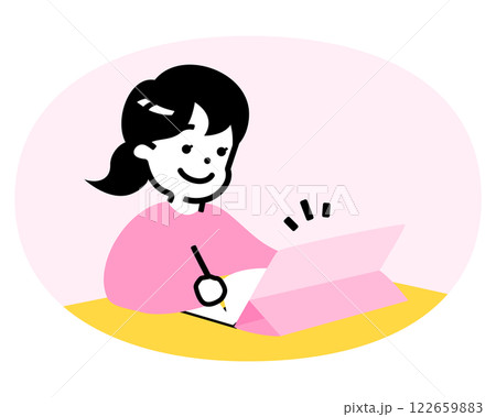 小学生ぐらいの子供(男の子)がタブレットを使って勉強・学習しているイラスト_子どもの塾・ICT教育 122659883